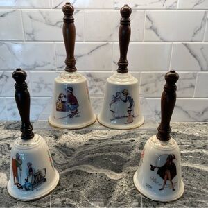 Norman Rockwell Vintage Ceramic Bells with Wooden Handles